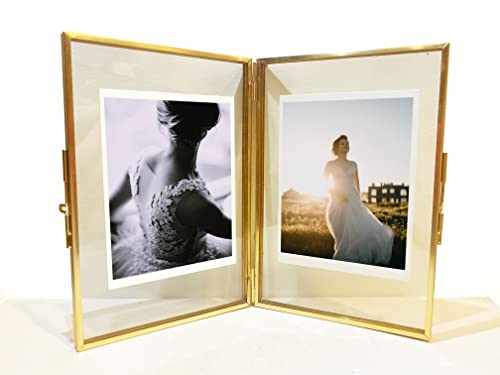 Wonthai Gold Picture Frame - 4 * 6 Double Folding Glass Frame For Pressed Flowers - Vintage Brass Metal And Floating Frame - Hinged Photo Vertical (4 * 6)… #TOP1