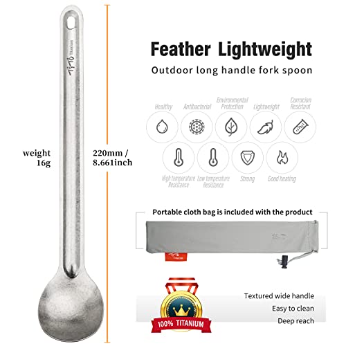 TiTo Titanium Long Handle Spork and Spoon Eco-Friendly Ultralight Portabale Flatware for Outdoor Camping Backpacking Hiking Travel Picnic Tableware with Bag (2pcs Titanium) - Thumbnail 2