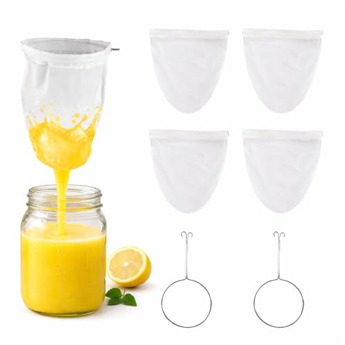 Xiciki 4 sacchetti per latte di noci con 2 anelli in acciaio inox, lavabili, per filtrare succhi, succo di sedano, latte di mandorle, latte di nocciola