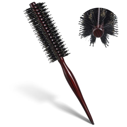 Small Round Brush for Blow Drying, Natural Boar Bristle Round Brush Portable Mini Roller Hairbrush with Wooden Handle for Women Men's Beard Fine Thin Hair Straightening Curling Volumizing Detangling