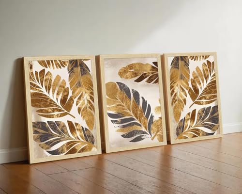 Image of ArtX Paper Leaf Paintings For Wall Decoration, Home Decor Wall Art, Hotel Wall Painting for Living Room, Multicolor, Natural Wood Color Frames, 12.0x18.0 inch, Set of 3