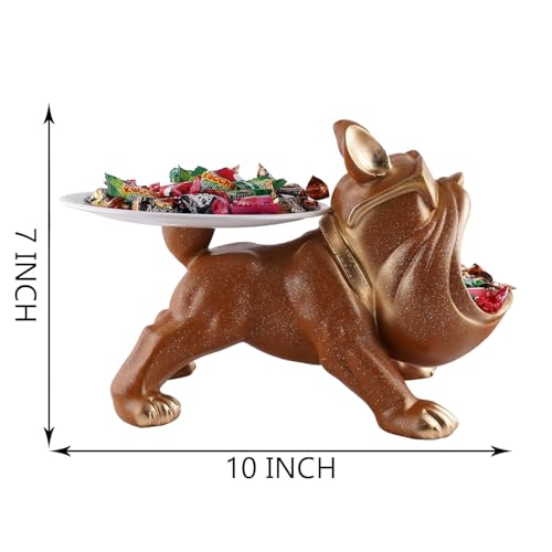 Image of Cool Bulldog Key Bowl & Accessory Tray - Matte Black & Gold Resin Dog Sculpture Multifunctional Organizer Showpiece for Keys Watches & Candy (Brown with Sprinkles, Dog with Tail Plate)