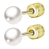 Mochity Pendientes De Perlas Mujer Niña, Pequeños Perlas 3/4/5/6/7/8mm, Hipoalergenicos Pendientes Plata Acero Inoxidable, Piercing Oreja Plata (C, Oro, 6 mm)