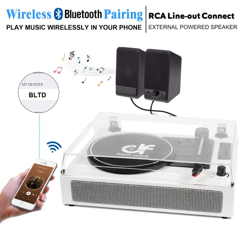Vintage Record Player Bluetooth 3-Speed Vinyl Record Player With Stereo Speakers, Usb Audio Recording, Rca Line-Out, Aux-In, Retro Phonograph Turntable For Vinyl Records, White Wood #TOP1