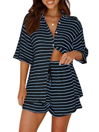 Image of Tankaneo Womens Striped 2 Piece Sets Short Sleeve Lounge Set | Button Down, Waffle Knit, Pajama Lounge Set, Summer Outfits