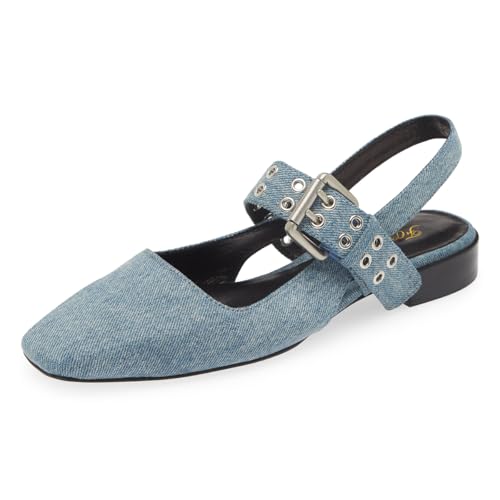 FOWT Women Unique Wide Strap Buckle Square Toe Slingback Flats Block Heel Casual Comfortable Party Dress Pumps Size 4-16 US
