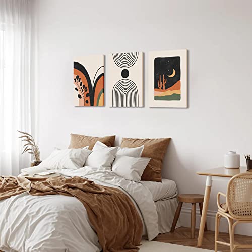Boho Wall Art, Mid-Century Modern Wall Prints, Minimalist Framed Canvas Paintings Black Beige Orange Moon Plant Desert Geometric Neutral Abstract Artwork Pictures ,Boho Wall Decor Ready To Hang For Living Room, Bedroom, Bathroom, Office(12"X16"X 3) #TOP6