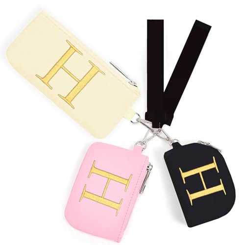 Mini Zip Around Keychain Wristlet Wallets for Women and Girls: Three Coin Purses with 2 Straps - Best Gifts for Birthdays, Christmas, Wedding Parties, Valentine's Day, New Year (H, Black&Pink&Cream)