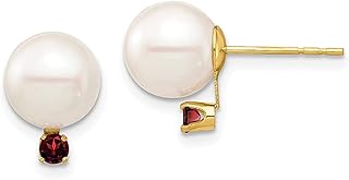 Brincos de ouro amarelo 14 k 8 8,5 mm branco redondo cultivado em água doce pérola vermelha granada com botão de bola pedra do mês de janeiro joias finas para mulheres presentes para ela, Pérola, Granada Pérola