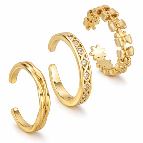 Mikovivi 3pcs Toe Rings for Women, 3 Styles Gold-Colored Toe Rings Adjustable Summer Beach Foot Jewelry with Bow Flower Cross & Twist Designs for Women Summer Fashion Gifts Accessories