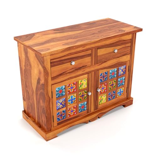 Image of Solid Wood 2 Drawer and 2 Door Chest of Drawer & Sideboard Storage Cabinet for Living Room Bedroom Kitchen Home (Adolph, Honey Finish)