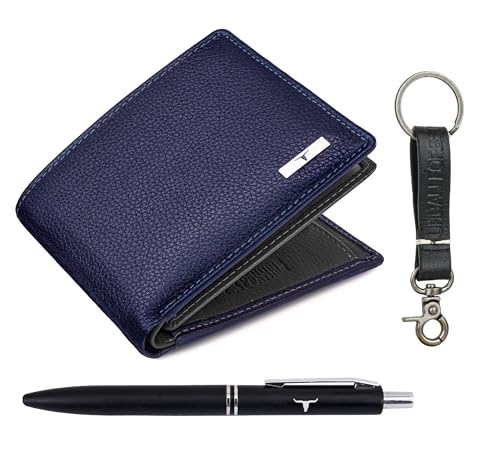 Image of URBAN FOREST Kenny Blue /Grey Leather Wallet, Black Pen & Keychain Combo Gift Set for Men