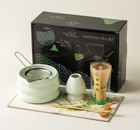 Traditional Matcha Tea Set with Bamboo Whisk, Ceramic Bowl, Scoop, Whisk Holder, Japanese Tea Ceremony Kit, 7 Pieces