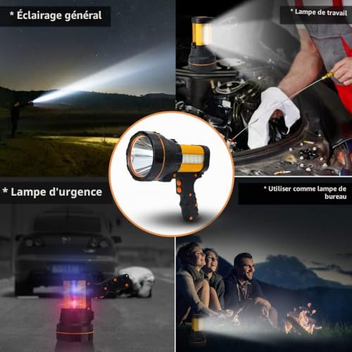 MAYTHANK Lampe de poche LED extrêmement lumineuse rechargeable par USB C avec lanterne, grand projecteur à main en métal avec grande batterie 10 000 mAh, batterie rechargeable, avec poignée et sangle – vue 7