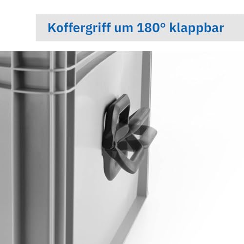 DIE BOX FABRIK Robuster Eurobehälter mit Tragegriff & Scharnierdeckel | Stapelbarer Kunststoffkoffer für Lager & Transport | Aufbewahrungsbox für Werkzeuge, Logistik & Industrie (600x400x283 mm)