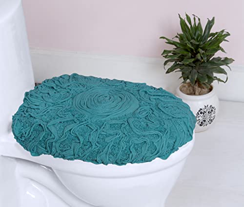 Home Weavers Bell Flower Toilet Lid Cover – 18"x18", 100% Cotton Tufted, Soft & Absorbent, Non-Slip, Machine Washable Bathroom Seat Cover, Blue