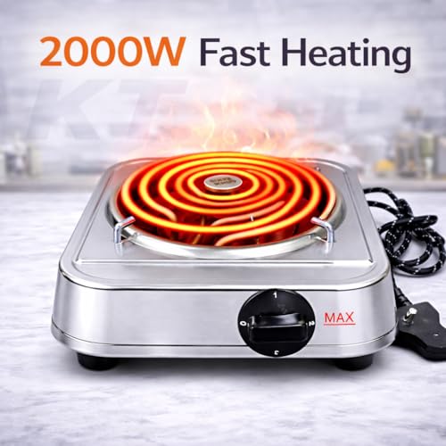 Image of DRUMSTONE ( 2026 Brings 5 Years Warranty ) 2000W Stainless Steel Electric Coil Stove | Heavy Duty Single Burner Hot Plate | Adjustable Heat Control | No Gas Cooking | Portable Kitchen Cooktop
