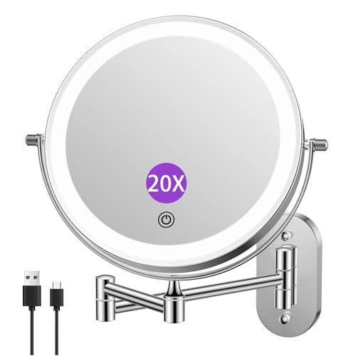 FUNTOUCH 2500mAh Rechargeable Wall Mounted Lighted Makeup Mirror 1X/20X