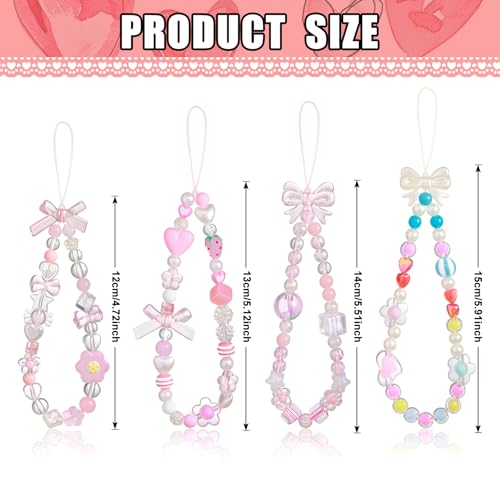 Draupnir 4pcs Phone Charms Strap, Butterfly Bow Camera Strap Wrist Beaded Phone Bracelet Wrist Straps, Pearl Bracelet Lanyard Cute Keychain Charm for Women, Pink