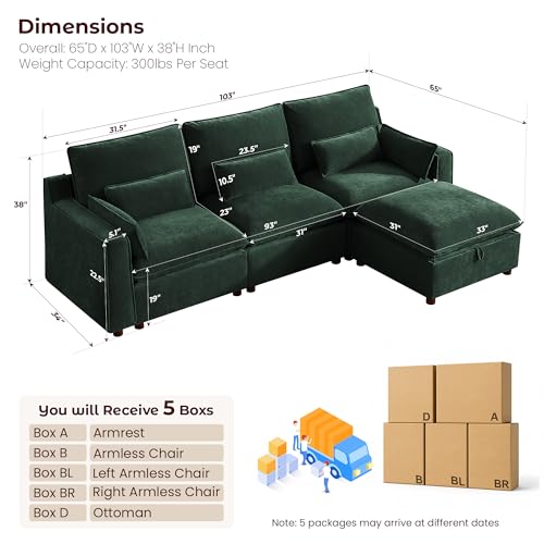 Image of WorthFurni Modern Modular Sectional Sofa,103 inch L Shape Minimalist Couch with Storage Ottoman,Comfty 4 Seat Sofa for Living Room,Green Chenille