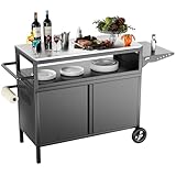 MUHYHY Outdoor Grill Table with Storage, Movable Outdoor Grill Cart, Stainless-Steel Tabletop Outdoor Kitchen Island, Patio Kitchen Island BBQ Cart with Wheels for Home BBQ Backyard Party