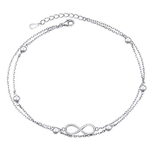 Image of Flyow Anklet for Women S925 Sterling Silver Adjustable Foot Beaded Heart Charm Ankle Bracelet Anklets Jewelry