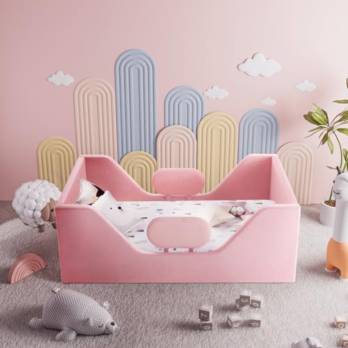 JUNHEDAMAI Toddler Bed Frame, Toddler Floor Bed with Removable Safety Rails, Kids Bed for Girl, Fits Full Size Crib Mattress, Certified Fabric Toddler Beds, Ages 18+ Months Old Kids - Thumbnail 5