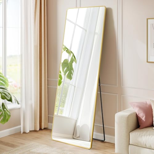 SONGMICS Ganzkörperspiegel, 150 x 40 cm, rechteckiger Standspiegel, Rahmen aus Aluminiumlegierung, Hartglas, für Schlafzimmer, Wohnzimmer, Garderobe, blassold LFM034AB01