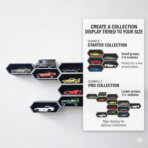 Image of Garage64 Modular Hexagon Wall Display Shelf for 1 /64 Scale Diecast Cars | Expandable Honeycomb Storage Organizer | Tool-Free Assembly | Matte Black | Compatible with Most Collectible Mini Cars | 1 PC