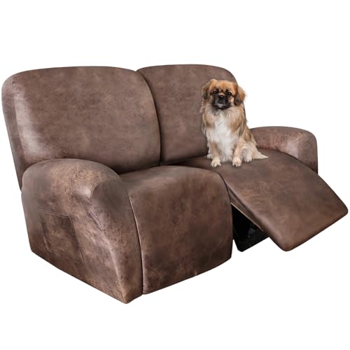 Image of ANARACHON Loveseat Recliner Cover Leather Look Recliner Loveseat Covers Recliner Sofa Cover for 2 Seater Reclining Couch Spandex Fabric Washable 6 Pieces (2 Seater, 02 Light Brown)