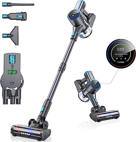 Laresar Elite 4 Akku Staubsauger, 400W/33Kpa Stabstaubsauger Kabellos mit Dual-Display, mit Ladestation, Staub Automatisch Erkennen, Beutellos für Tierhaare, Grau