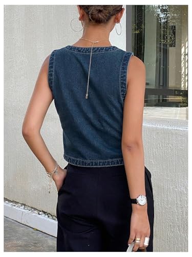 WDIRARA Women's Denim Vest Sleeveless Button Down V Neck Jean Waistcoat Crop Top2