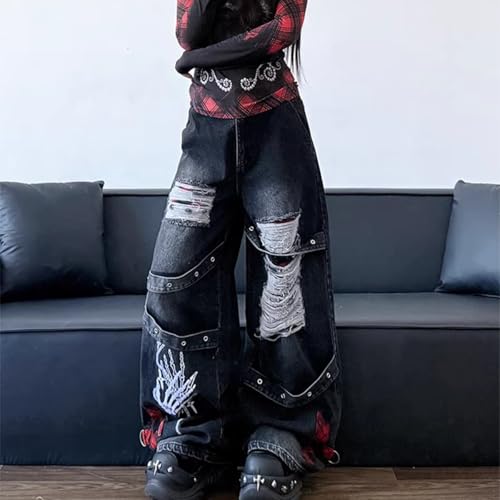 Harajuku Gothic High Waisted Straight Leg Jeans Y2K Vintage Lattice Fringe Ripped Embroidered Denim Pants2