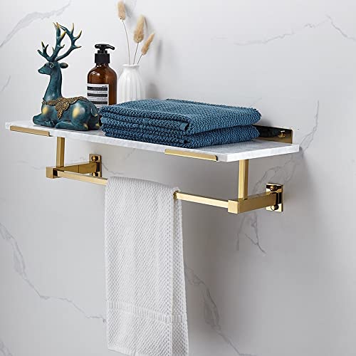 BONOOL シャワーキャディーブラスバスルームアクセサリー、2層のバスルーム、タオルラック、シャワー収納バスケット、壁掛けタオルバーハンガーバスルームシェルフストレージ(色:白と金)