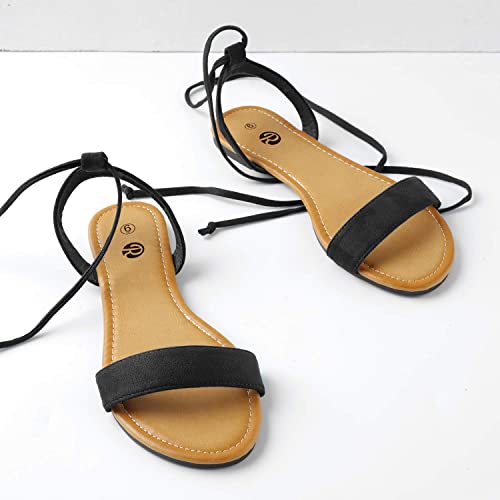 Rekayla Open Toe Tie Up Ankle Wrap Flat Sandals For Women Black 07 #TOP1