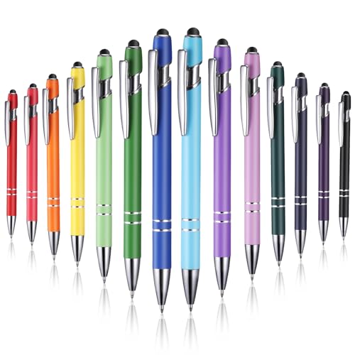 JIANTA Lot de 14 stylos rétractables avec pointe de stylet, stylo à bille 2 en 1 1,0 mm, encre noire, métal pour écrans tactiles, cadeau pour amis