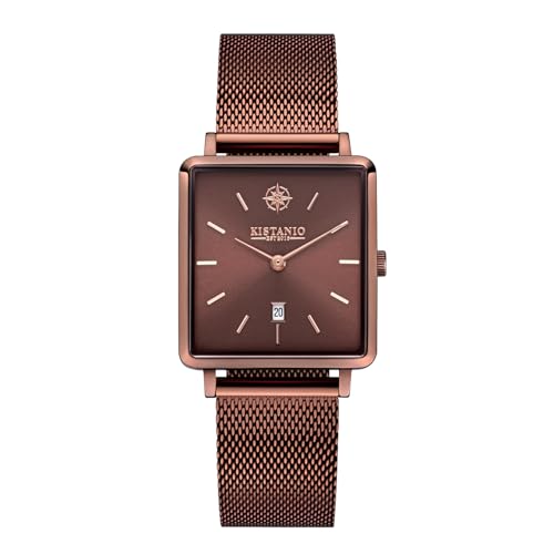 Kistanio Carre Montre plate pour femme avec bracelet milanais, verre saphir, diamètre 26 x 28 mm, date en acier inoxydable, différentes variantes, Marron, Bracelet