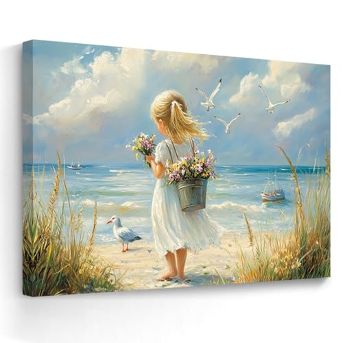 LMYSXAOZ Cuadro Decorativo de Pared Niña en la Playa, Estilo costero, con un Ramo de Flores. Decoración oceánica, Pintura náutica, Estilo casa de mar, para habitación Infantil. Enmarcado