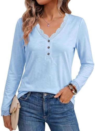 Pawate Damen Langarmshirt V-Ausschnitt Shirts Spitze Oberteil Herbst Bluse | Basic Baumwollshirt-ideal für Büro, Freizeit, Feiertage und Reisen.