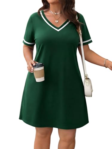 Image of Verdusa Women's Plus Size A Line T Shirt Dress Short Sleeve V Neck Tunic Dresses Casual Outfits