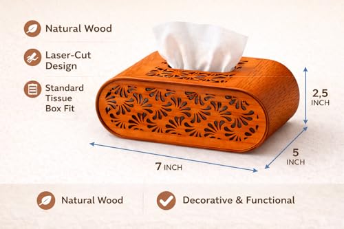 Image of Premium Wooden Tissue Box Holder with Floral Laser-Cut Design - Decorative Tabletop Tissue Case for Home, Office & Living Room (Standard Size, Elegant Finish)
