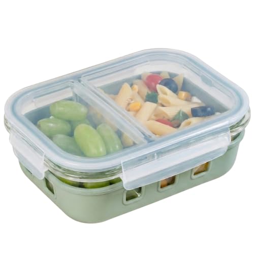 Image of Nestasia Glass Lunch Box with Silicone Sleeve (600ml) - Borosilicate Glass Lunch Box with 2 Compartments for Office | Microwave & Freezer Safe, Leak-Proof Tiffin Box with Clip Locks (Green)