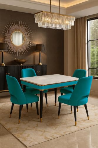 Image of WOODEN SPACE 4 Seater Wooden Dining Table Set | Urban Marble Top Dining Table with Chairs for Dining Room & Kitchen (Modern Vintage Sky Blue) (54 x 36 x 30 inch)