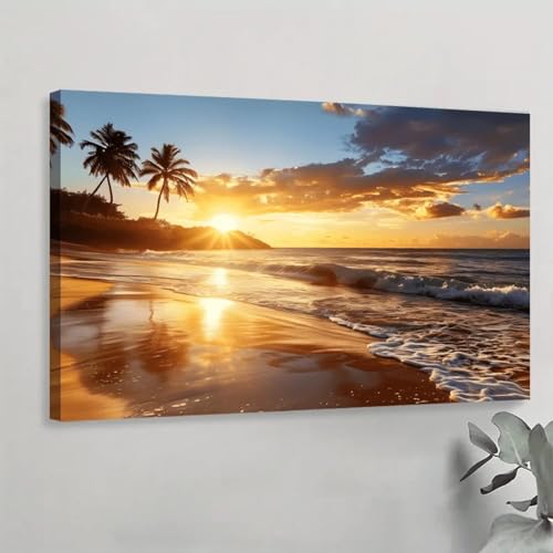 Toile ocean coucher de soleil avec cadre noir decoration interieure marine 40x70cm