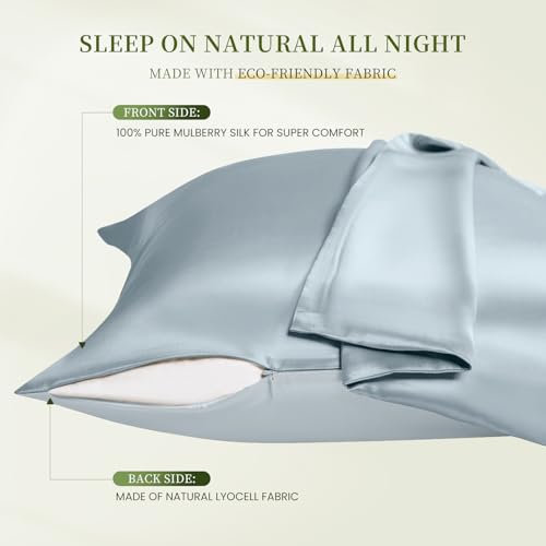 Image of THXSILK Mulberry Silk Pillowcase Standard Size, Set of 2 Pillowcases, Pillow Cover with Hidden Zipper, Soft Smooth Cooling Pillowcases for Hair and Skin, Gift for Women Men, Blue