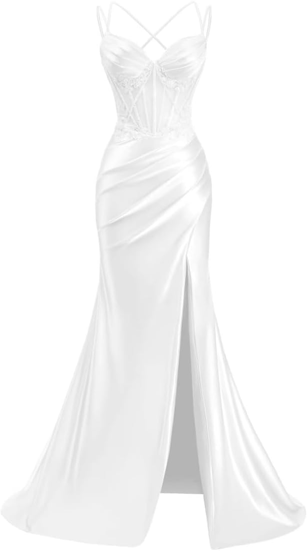 Lace Applique Satin Prom Dresses with Slit Mermaid Wedding Guest Gowns Sleeveless Formal Cocktail Dress