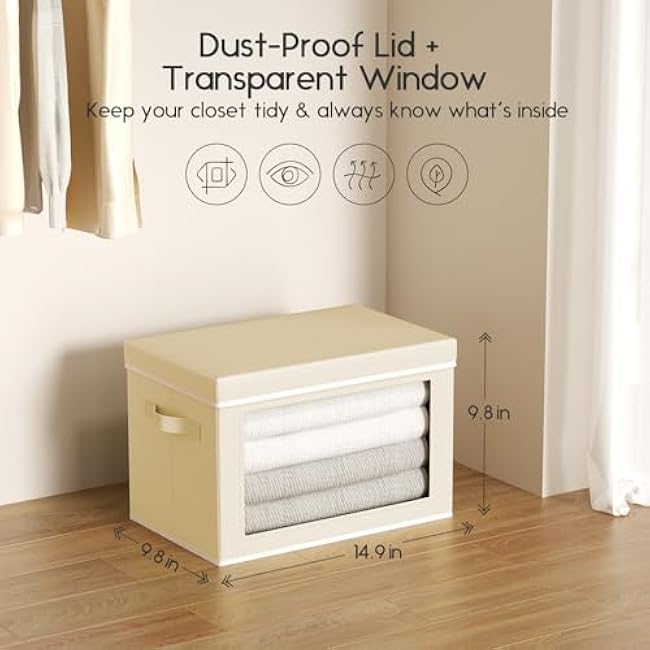 Collapsible Storage Bins with Lids - Stackable Storage Containers with Window, 6 Pack Fabric Organizing Bins for Closet, Home & Office Organization Baskets, Beige, 14.9 x 9.8 x 9.8