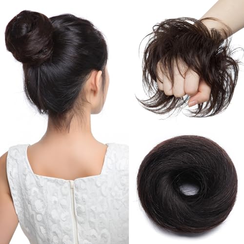 Benehair Messy Bun Scrunchie Real Hair Human Straight Hair Bun Scrunchy Piece Ponytail Extension Elastic Band Scrunchies Donut #1B Natural Black 17g