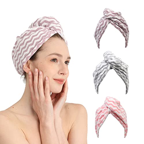 Good Nite Paquete de 3 Toallas de Microfibra para el Cabello, superabsorbentes, de Secado rápido, con Botones, Toallas de Microfibra para Mujeres y niñas, Cabello Largo y Rizado (Rosa, Morado, Gris)