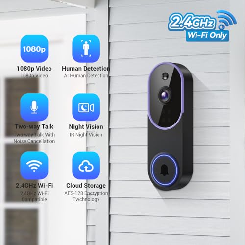 ElioVana 1080P Smart Video Doorbell Camera with Motion Detection, Night Vision, Cloud Storage, Two-Way Talk, Battery Powered, Home or Business Security, 2.4GHz Wi-Fi(Excluding Receiver)